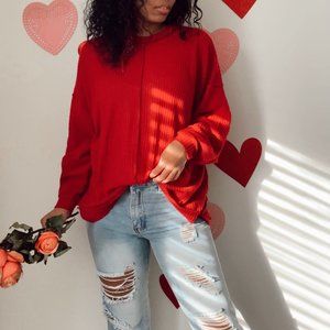 Red waffle knit sweater